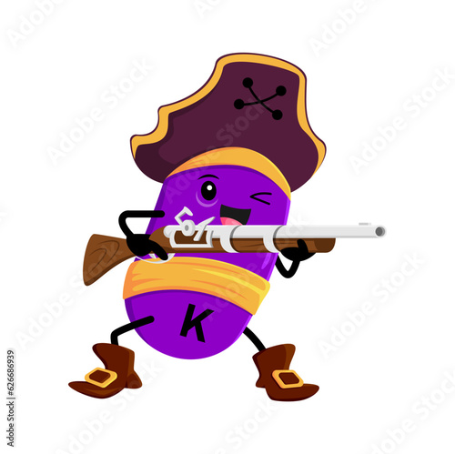 Cartoon vitamin and K micronutrient pirate or corsair character. Healthy nutrition mineral pill, micronutrient dragee or vitamin capsule privateer pirate vector funny personage shooting with musket