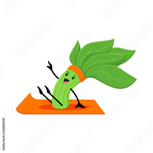 Cartoon spinach vegetable character in yoga pose. Vector funny greenery vitamin food personage sitting on mat seeking balance of body and mind. Healthy lifestyle, sports class, health or yogi practice