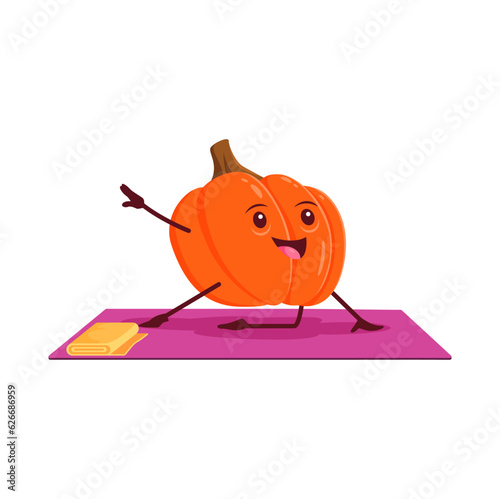 Cartoon pumpkin vegetable character on yoga fitness sport. Isolated vector happy gourd personage stand in asana pose on mat. Yogi squash stand on knee with raised arm, natural food healthy lifestyle