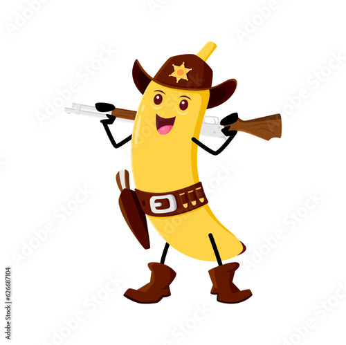 Cartoon banana fruit sheriff, cowboy or ranger character holding rifle guns ready for action. Whimsical, quirky healthy food personage for children book, game, kids menu or vitamin drink or food promo photo