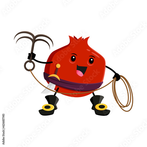 Cartoon garnet fruit pirate and corsair character with grappling hook and saber. Isolated vector smiling sailor buccaneer in boots prepare for boarding enemy ship. Pomegranate freebooter or picaroon