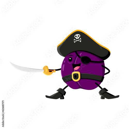 Cartoon plum fruit pirate and corsair character fight with saber. Vector brave funny prune captain. Happy smiling damson picaroon adventurer personage in cocked hat, eye patch and boots fighting