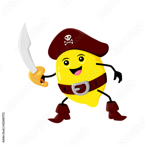 Cartoon lemon fruit pirate and corsair character. Vector brave funny captain citrus with saber in hand. Happy smiling picaroon adventurer personage in cocked hat and boots ready for fighting or battle