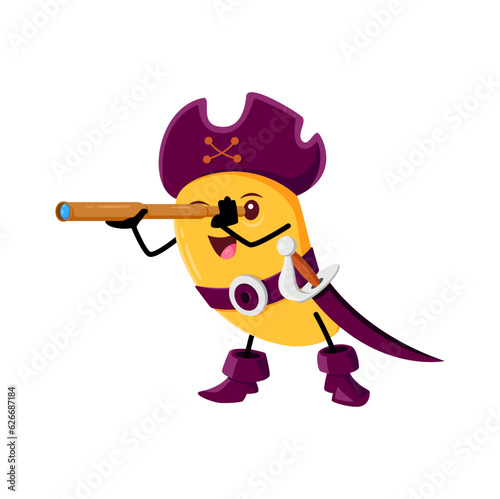 Cartoon mango fruit pirate and corsair character with spyglass. Vector tropical plant captain in buccaneer costume, cocked hat and boots looking far in glass. Vitamin personage freebooter or picaroon