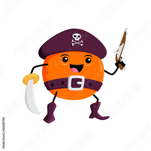 Cartoon orange fruit pirate and corsair character with musket and cutlass. Isolated vector funny citrus personage in filibuster costume with gun. Buccaneer or picaroon tropical plant, healthy food