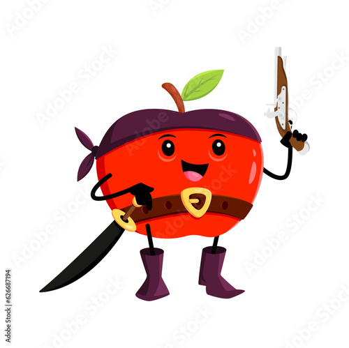 Cartoon apple pirate and corsair fruit character with musket and saber. Isolated vector funny ripe garden plant personage in filibuster costume with gun. red apple buccaneer or picaroon healthy food