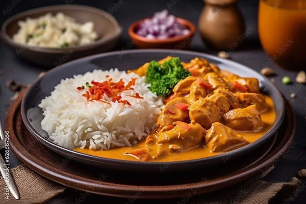 Indian curry bowl. Restaurant serving. Menu photo. Generative AI. Indian curry bowl. Restaurant serving. Menu photo. Generative AI.