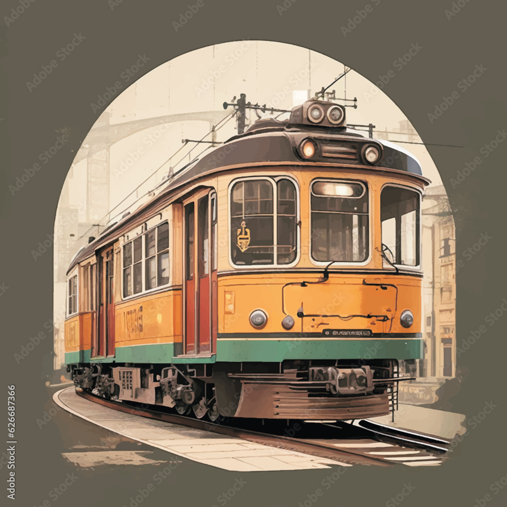 Fototapeta premium Vintage Tram Train in round shape vector