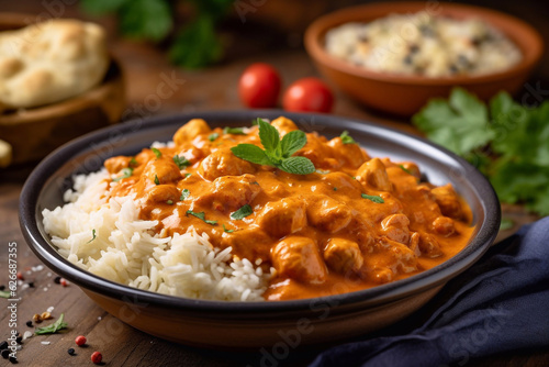Indian curry bowl. Restaurant serving. Menu photo. Generative AI.