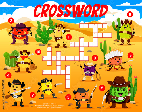 Crossword quiz game, cartoon cowboy, sheriff and robber fruits characters on Wild West landscape, vector worksheet. Kids crossword game to guess word of apple sheriff, mango cowboy and lemon robber
