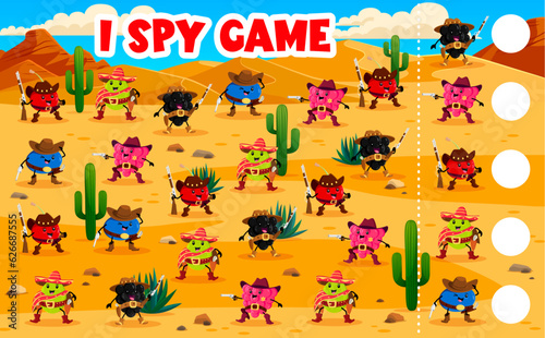 I spy game, cartoon western berry cowboy, sheriff, ranger and bandit characters, kids vector puzzle worksheet. Blackberry bandit with raspberry sheriff and blueberry to find and match same pictures