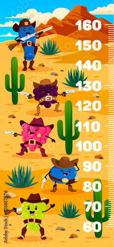 Kids height chart ruler, cartoon western berry cowboy, sheriff, ranger and bandit characters. Vector growth meter, wall sticker with funny honeyberry, blackberry, strawberry and blueberry with grapes