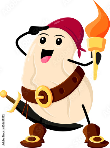 Cartoon cashew nut pirate character with torch and sword. Vector funny intimidating and fierce buccaneer kernel personage with a sly grin on his face, ready for adventure on the high seas