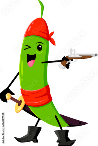 Cartoon bean pirate character, happy smiling green pea vegetable corsair in filibuster costume. Vector buccaneer personage wear cape and bandana shoot with gun. Isolated freebooter or picaroon captain