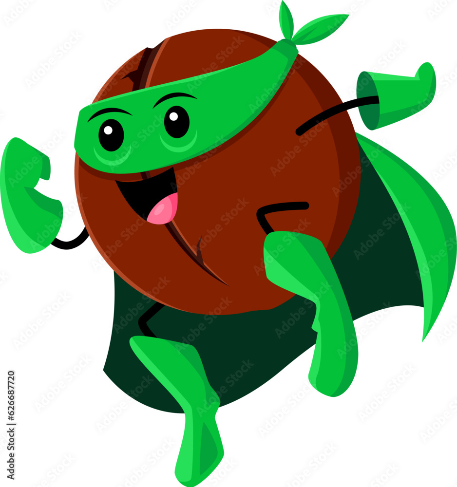 Cartoon macadamia nut superhero character flying with raised hand