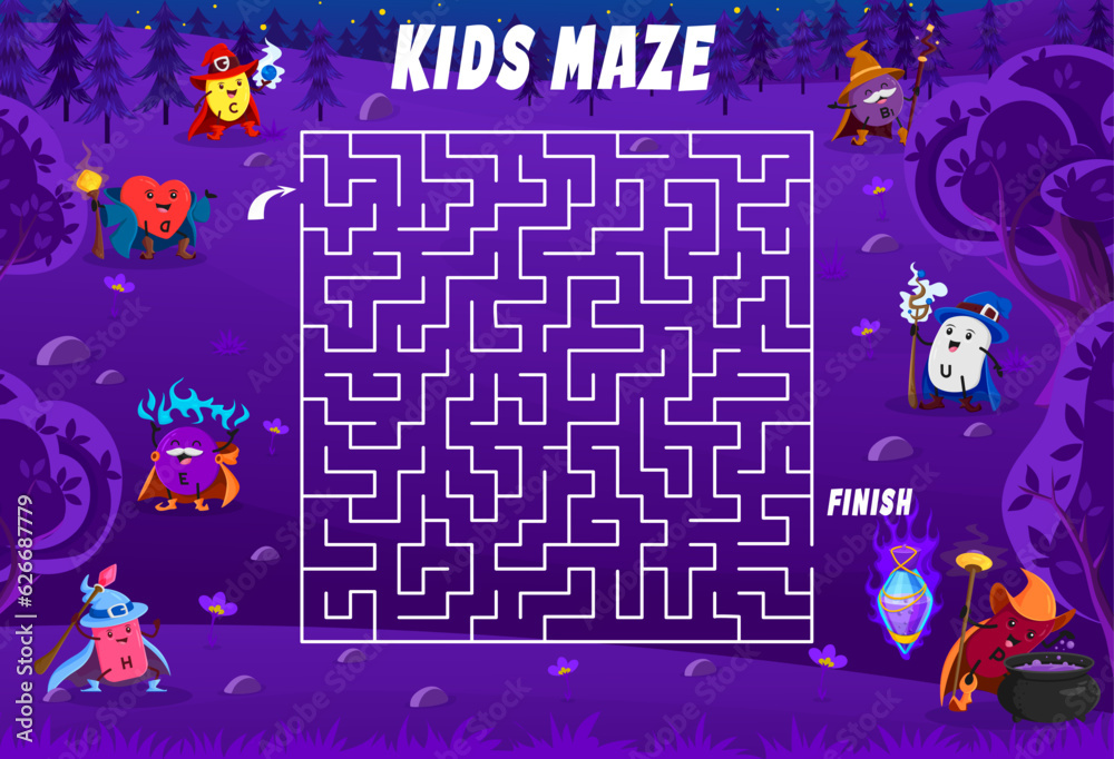 Labyrinth maze help to micronutrient wizards find a magic potion. Kids vector board game worksheet with C, D, E, H, B1, U and P Halloween nutrient capsule characters in night forest with tangled path - obrazy, fototapety, plakaty 