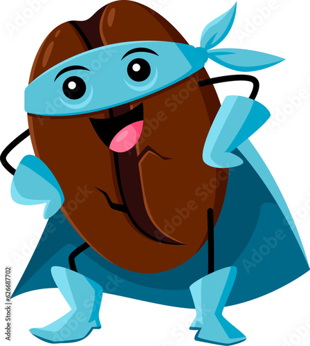 Cartoon coffee bean superhero character, vector food and drink emoji. Cute seed or grain of coffee fruit personage in super hero costume, blue cape, mask and gloves. Caffeine beverage kawaii character