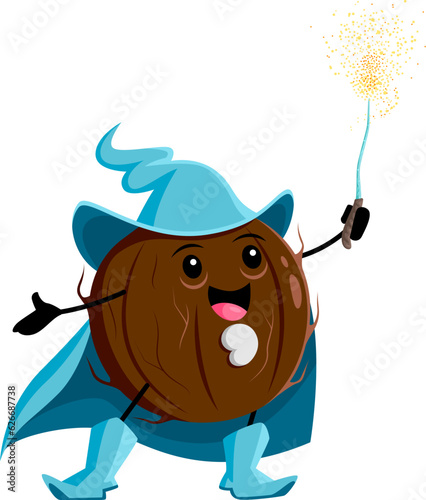 Cartoon coconut wizard character, vector unpeeled nut magician with magic wand. Funny wiz with beard making spell. Smiling sorcerer in blue cape. Healthy product fascinator personage, vitamin conjurer