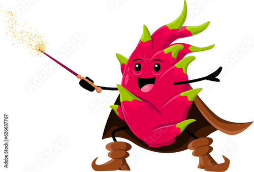 Cartoon tropical dragon fruit wizard or magician character. Vector pitahaya magic personage in cloak with wand. Warlock, wiz or sorcerer, fruity enchanter, isolated necromancer casts witchcraft spell