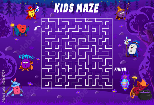 Labyrinth maze help to micronutrient wizards find a magic potion. Kids vector board game worksheet with C, D, E, H, B1, U and P Halloween nutrient capsule characters in night forest with tangled path