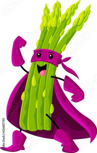 Cartoon cheerful asparagus vegetable superhero character. Farm vegetable defender, superhero or warrior isolated vector comical personage. Asparagus hero cute mascot in violet mask and cape