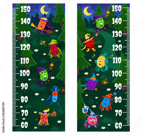 Kids height chart ruler cartoon mineral and micronutrient wizards. Vector growth meter with Zn, Se, Cl, Cu and Ca. K, Fe, P, Mg or Na supplements capsules. Wall sticker for children height measurement