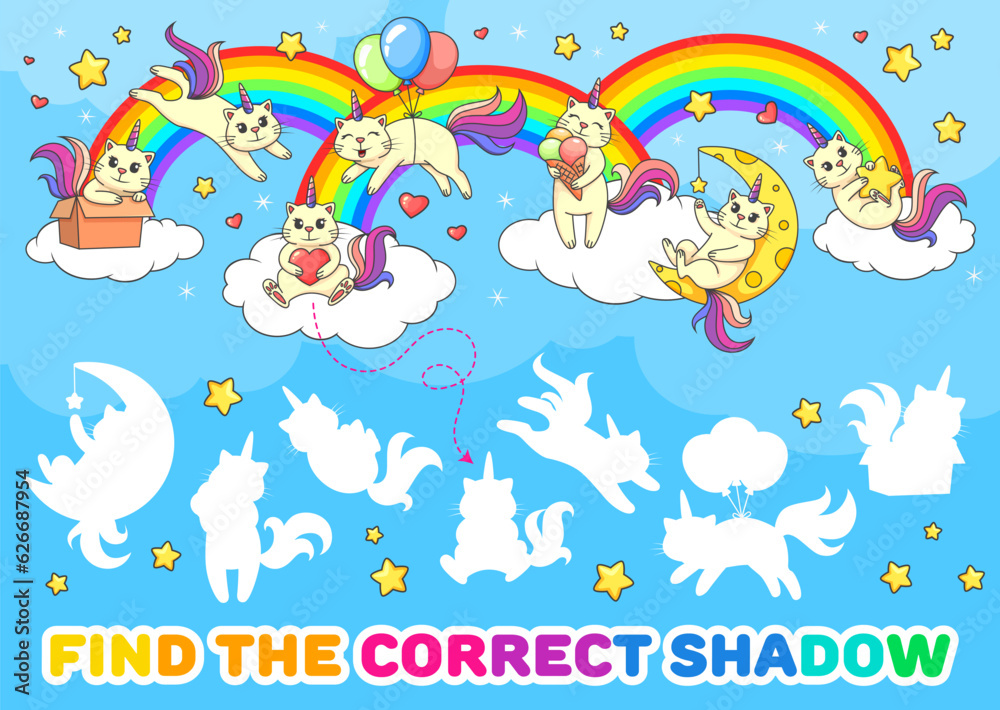 Find a correct shadow of cute caticorn cats and kittens, matching game worksheet. Vector puzzle quiz of cartoon unicorn cat characters playing with rainbow, balloons, box, ice cream on sky background
