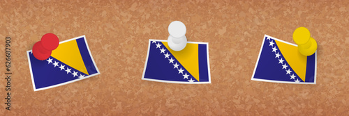 Bosnia and Herzegovina flag pinned in cork board, three versions of Bosnia and Herzegovina flag.