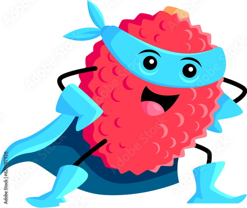 Cartoon lychee tropical fruit superhero and defender character. Isolated vector Powerful, brave, and energetic vigilante personage protecting and saving the world with its unique fruit abilities