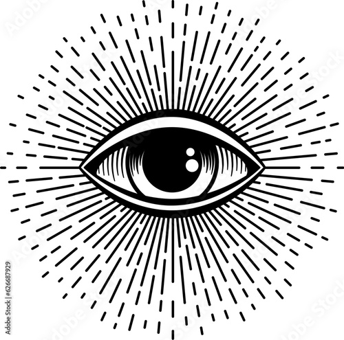 Magic eye with abstract sun rays, occult mystery decoration hand drawn vintage mystic tattoo. Vector witchcraft talisman, magical esoteric amulet