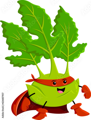 Cartoon cheerful kohlrabi vegetable superhero character. Fresh cabbage veggie warrior, hero or superhero isolated vector funny personage. Kohlrabi defender childish mascot in red cape and mask