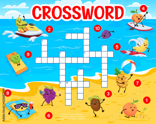Crossword quiz game. Cartoon funny fruits on summer beach. Crossword wordsearch puzzle vector worksheet with guava, peach, plum, banana and apple funny characters sunbathing, surfing and swimming