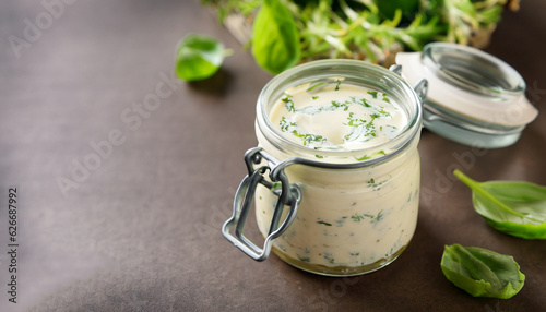 Homemade ranch dressing in a small jar with herbs