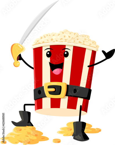Cartoon fast food popcorn pirate and corsair character. Street restaurant meal privateer funny mascot, cinema snack, popcorn bucket pirate isolated vector comical personage with saber and golden coins