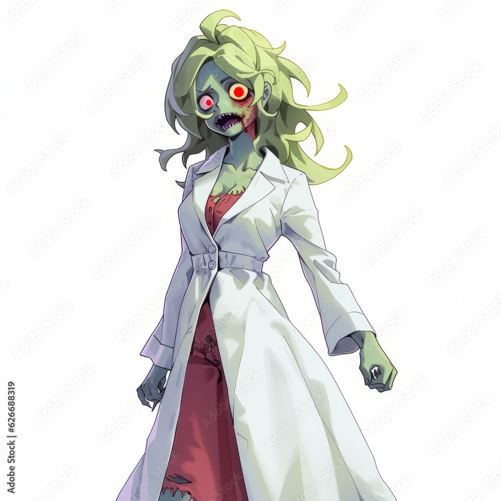 Undead medical expert turned zombie, cartoon styled, on white background, Generative AI