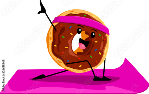 Cartoon fast food donut character on yoga fitness sport. Junk food dessert childish mascot, takeaway restaurant or cafe sweet pastry or donut snack isolated vector cheerful personage doing yoga