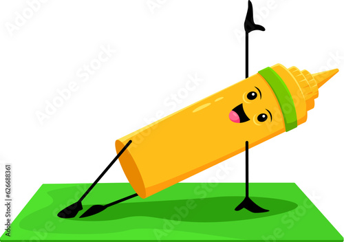 Cartoon fast food mustard character on yoga fitness sport. Fast food menu spicy sauce funny mascot, street restaurant or takeaway cafe mustard bottle isolated vector childish personage doing sports