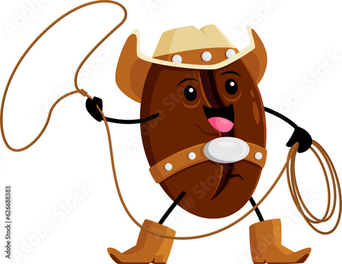 Cartoon coffee bean cowboy character with lasso. Vector horseman arabica seed wear hat, belt and boots spinning rope, ready for rodeo. Brave ranger roasted brown grain isolated fantasy personage
