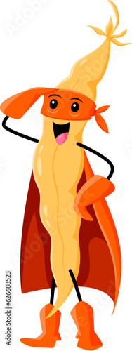 Cartoon cheerful soy or bean pod vegetable superhero character. Farm legumes defender, soy pod warrior or superhero isolated vector personage. Bean hero comical mascot in mask, looking on distance