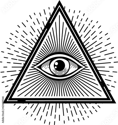 Pyramid eye magical esoteric religion mystical sign in triangle shape, doodle style. Vector occult providence symbol, sacred magical eye