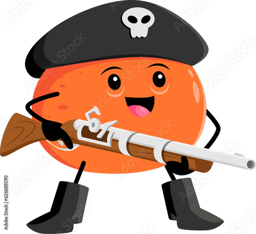 Cartoon orange fruit pirate character with musket. Isolated vector citrus corsair swashbuckling personage ready for adventure on the high seas. Healthy vitamin food filibuster rover in tricorn hat