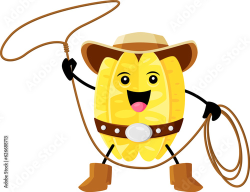 Cartoon tropical carambola or star fruit cowboy character with lasso ready to round up horse. Vector horseman wear hat, belt and boots. Range isolated fantasy fruity personage, healthy food, vitamin