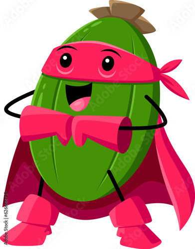 Cartoon feijoa fruit superhero character. Isolated vector lively super hero tropical fruit personage with superpower, complete with a colorful pink costume, mask, and cape ready to protect health