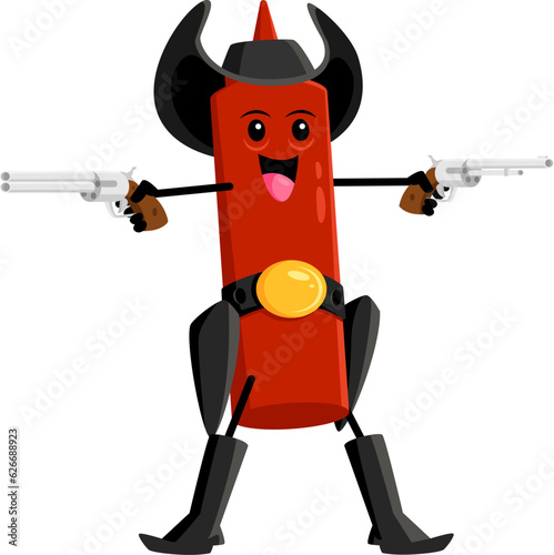 Cartoon fast food ketchup cowboy, bandit character. Fast food cafe or restaurant hot or tomato sauce Wild West bandit childish personage, ketchup bottle cowboy or Texas sheriff isolated vector mascot