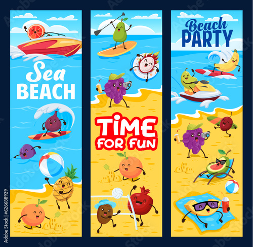 Cartoon fruits on summer beach vacation. Beach party vector vertical banners with funny grapefruit, fig, plum, pineapple, orange and dragon fruit, grapes surfing, swimming and sunbathing on beach