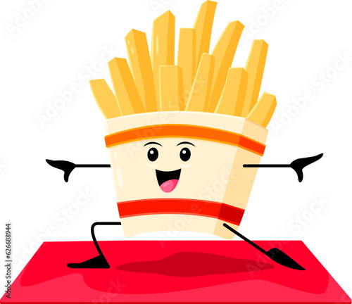 Cartoon fast food french fries character on yoga fitness sport. Takeaway menu snack cute personage, street cafe meal or fast food restaurant fries isolated vector childish mascot doing exercise on mat