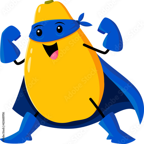 Strong cartoon mango fruit superhero character flexing muscles, displaying power and bravery. Isolated vector tropical fruity personage in blue mask and cape ready to defend city and fight the villain