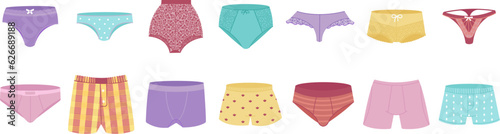 Male female underwear. Lingerie underpants, girl and boy undies. Swimsuit and panties, fashion flat adults garment, decent vector collection