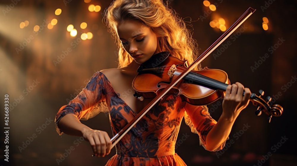beautiful women playing violin music, AI generated image - obrazy, fototapety, plakaty 