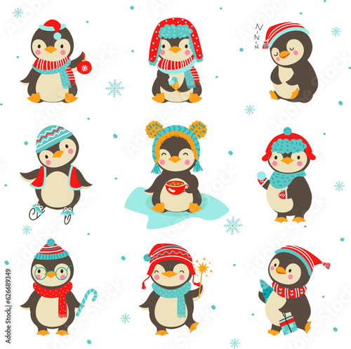 Cute cartoon penguin, xmas penguins holiday kit. Winter animals, xmas happy characters in scarf and hats. Funny children stickers nowaday vector set